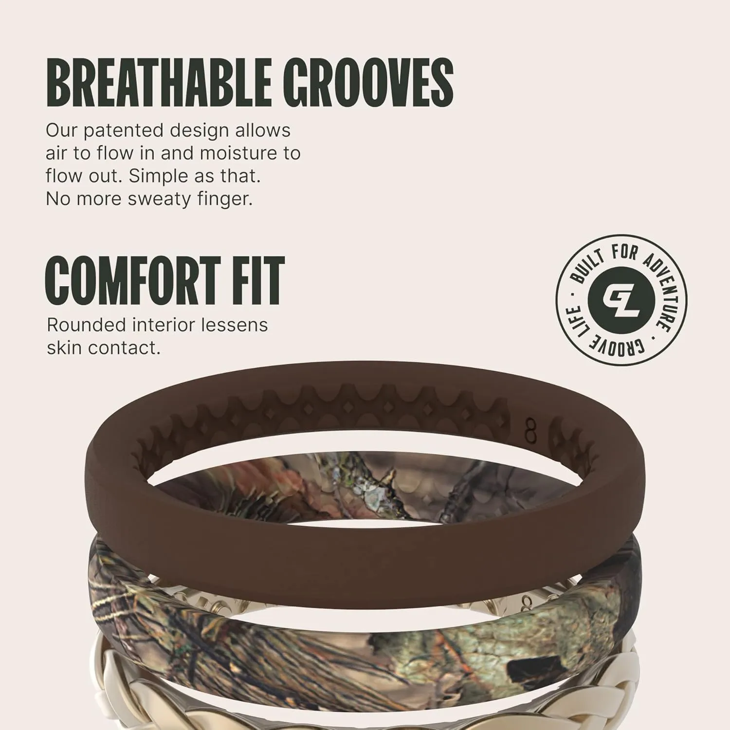 Groove Life Mossy Oak Women's Camo Silicone Ring - Breathable Rubber Wedding Rings for Women, Lifetime Coverage, Unique Design, Comfort Fit Ring