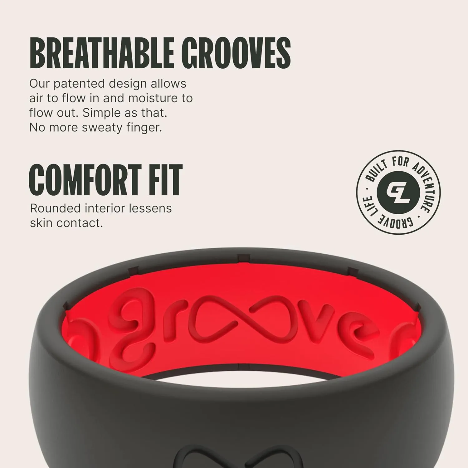 Groove Life Solid Silicone Ring - Breathable Rubber Wedding Rings for Men, Lifetime Coverage, Unique Design, Comfort Fit Ring