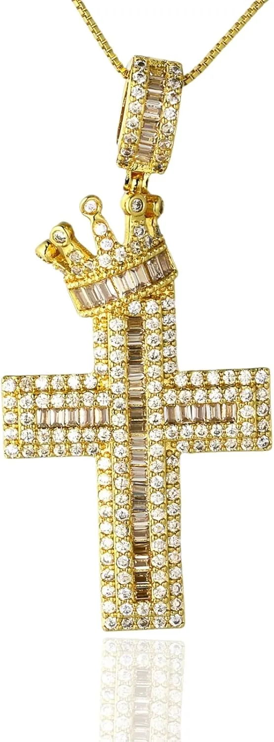 Halukakah Men's Moissanite Cross Pendant Necklace,Premium 4.0ct Total Lab-Grown Diamonds,18K Yellow Gold/Platinum White Gold Plated 925 Sterling Silver,Box Chain 18",Pav Set Luxury Religious Jewelry