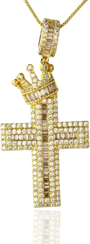 Halukakah Men's Moissanite Cross Pendant Necklace,Premium 4.0ct Total Lab-Grown Diamonds,18K Yellow Gold/Platinum White Gold Plated 925 Sterling Silver,Box Chain 18",Pav Set Luxury Religious Jewelry
