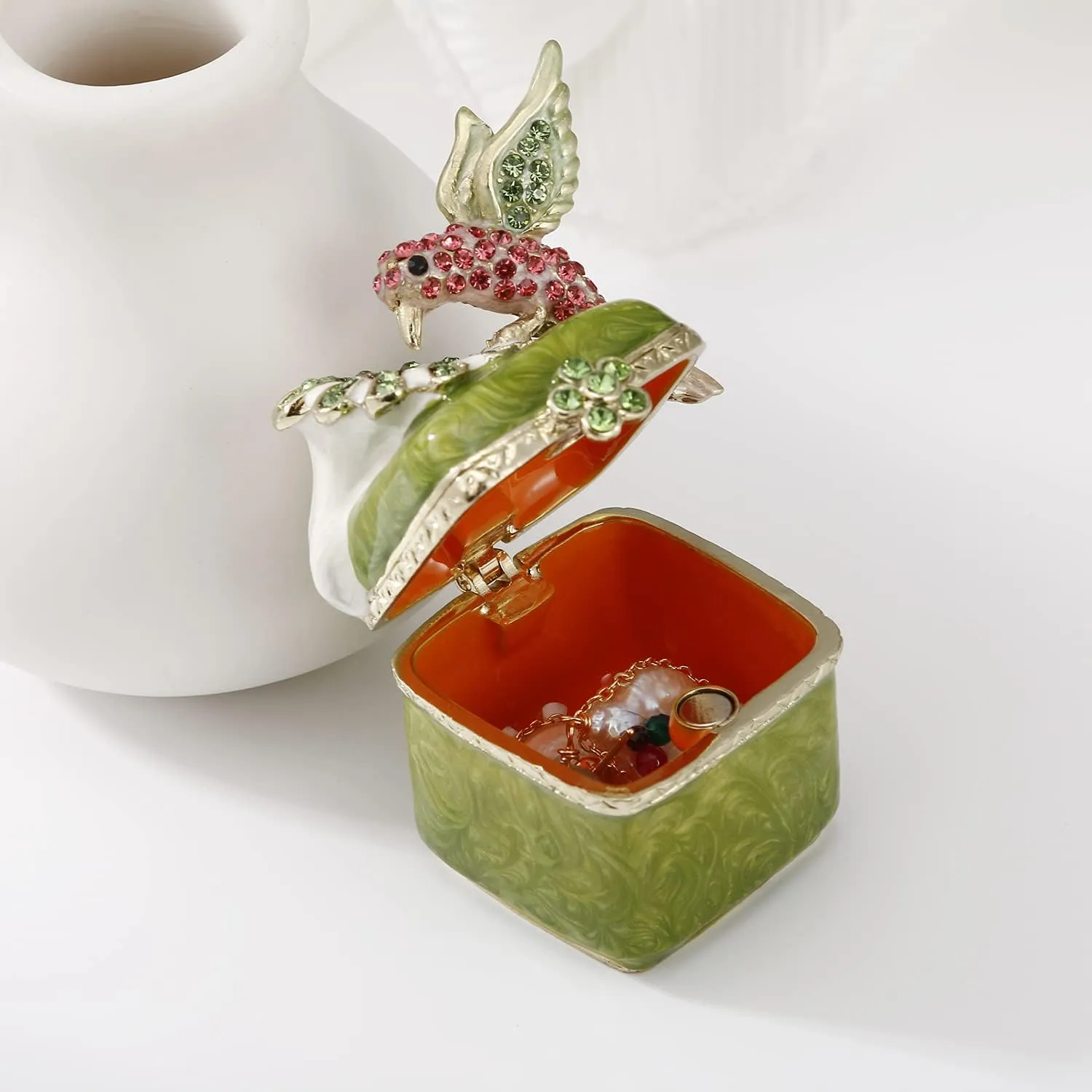 Hand Painted Enamel Bird Trinket Box for Home Decor, Hinged Jewelry Organizer for Ring Earrings, Unique Figurine Keepsake Collectible Personalized Elegant Handmade Ornament (Hummingbird-3)