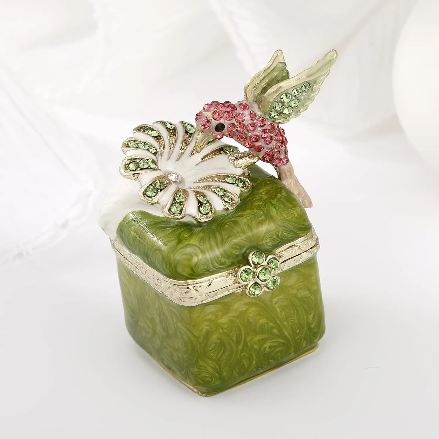 Hand Painted Enamel Bird Trinket Box for Home Decor, Hinged Jewelry Organizer for Ring Earrings, Unique Figurine Keepsake Collectible Personalized Elegant Handmade Ornament (Hummingbird-3)