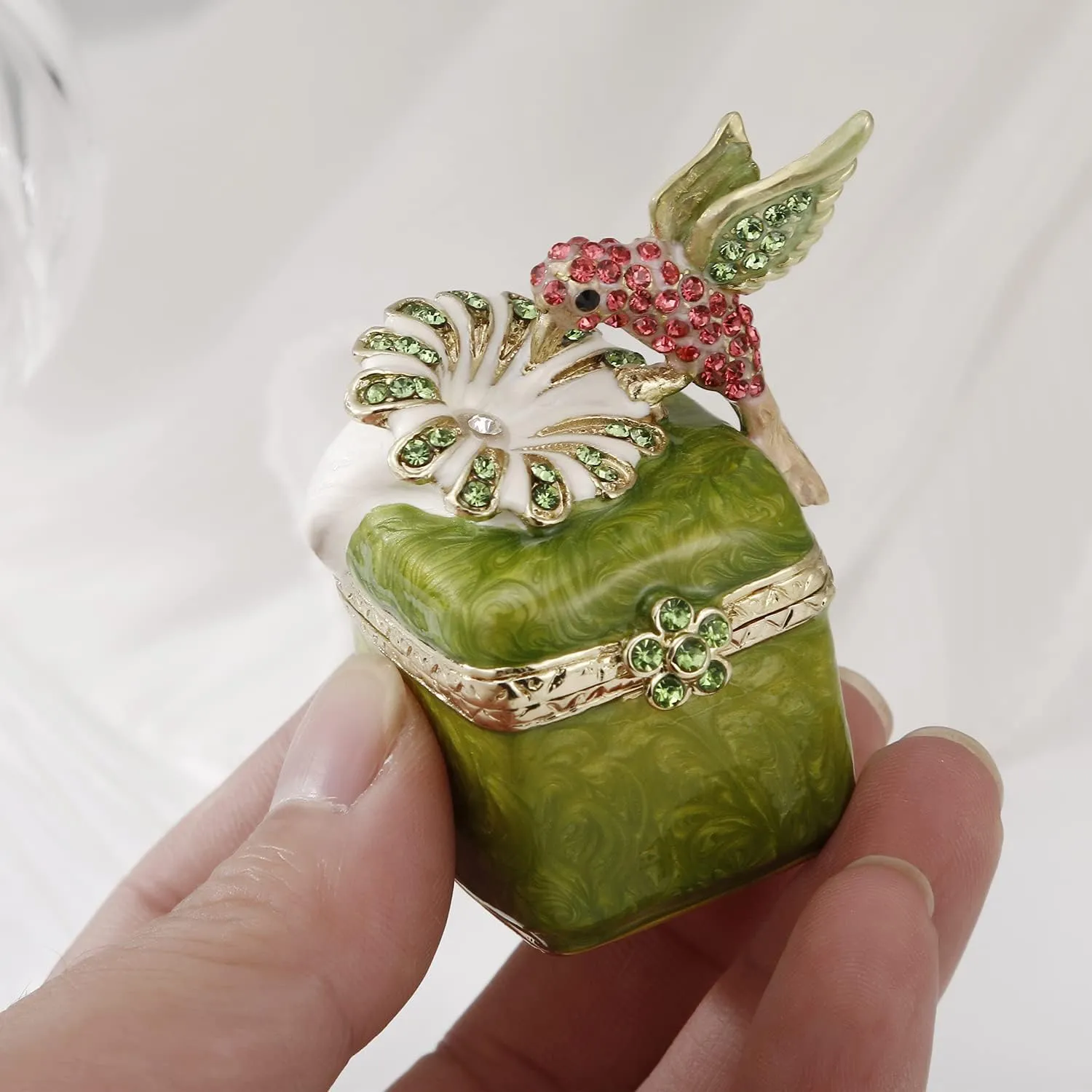 Hand Painted Enamel Bird Trinket Box for Home Decor, Hinged Jewelry Organizer for Ring Earrings, Unique Figurine Keepsake Collectible Personalized Elegant Handmade Ornament (Hummingbird-3)