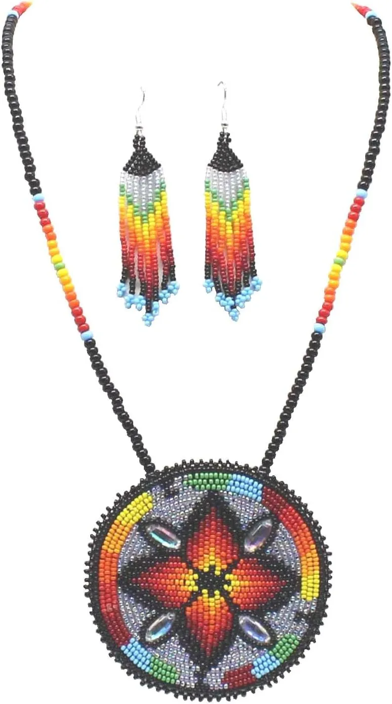 Handmade Southwestern Native American Inspired Beaded Medallion Necklace Earrings Set