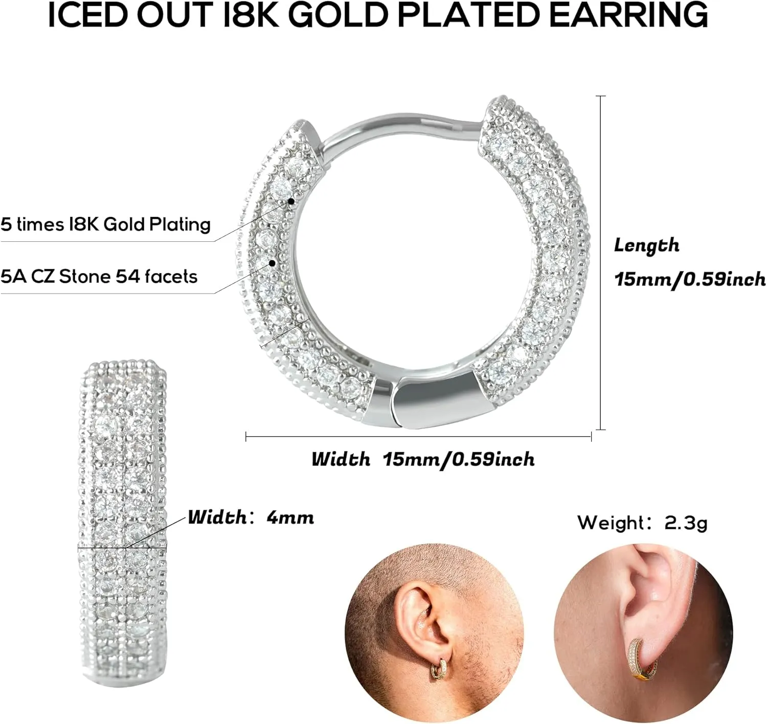 HELLOICE Hoop Earrings Iced Out Cubic Zirconia Huggie Cartilage Cuff Diamond Hypoallergenic Round Circle Earrings Hoop Earrings 5A CZ Stones Lightweight for Men