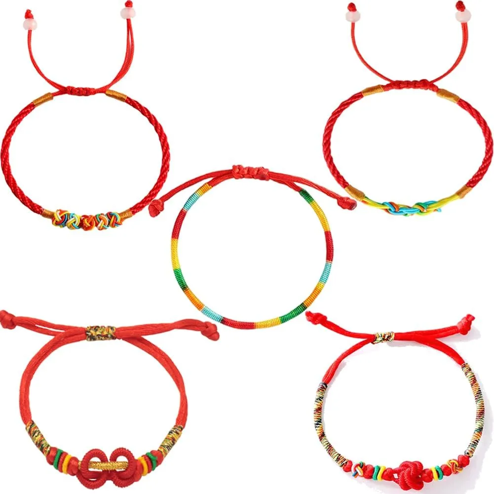Hewill 5Pcs Handmade Woven Rope Bracelet Wristband Knot Buddhist Kabbalah Protection Lucky Friendship Bracelets for Men Women Amulet Gifts