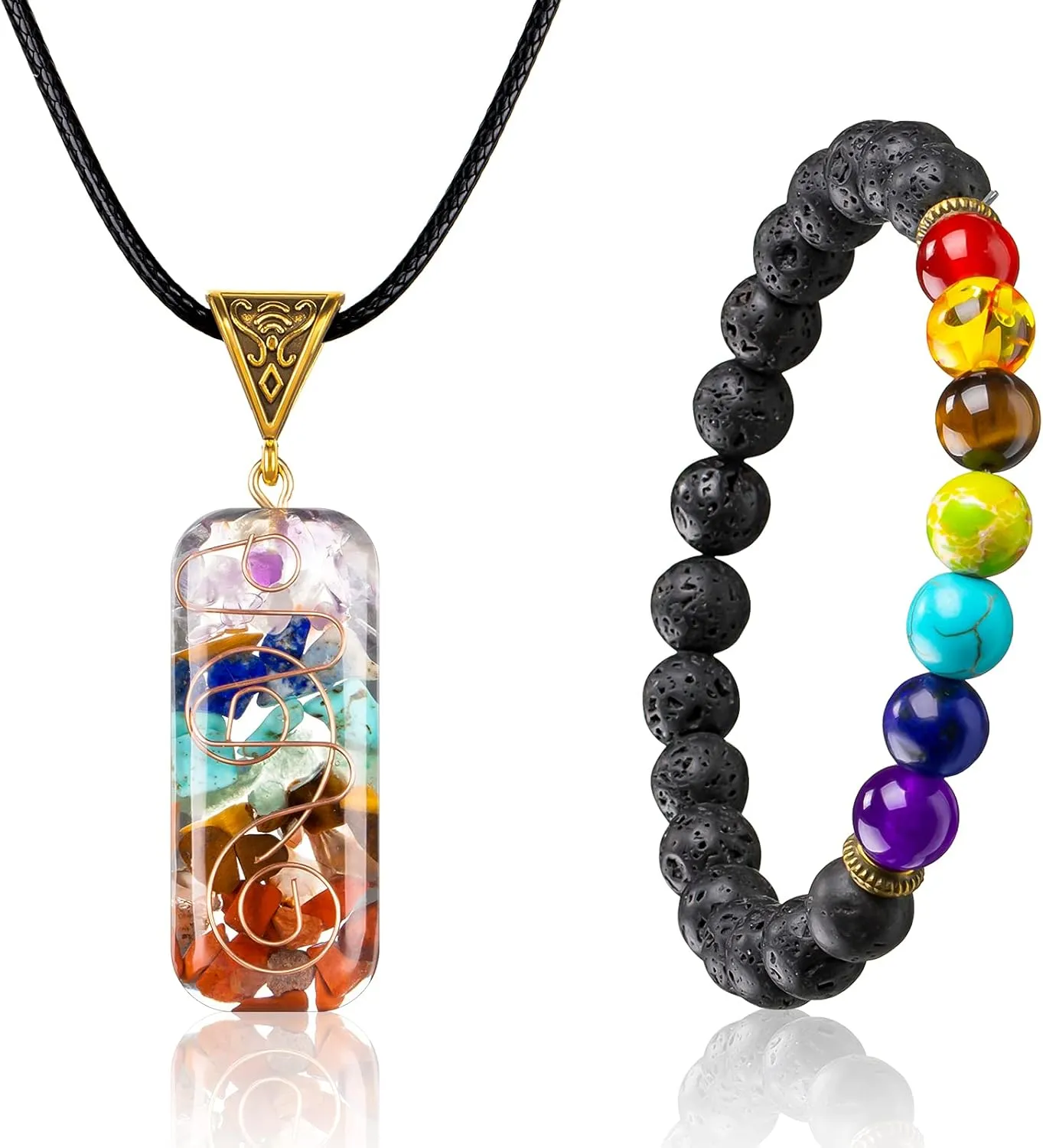 Hicarer 7 Chakra Necklace and Bracelet Set for Women Men Energy Healing Pendant with Adjustable Cord Chakra Necklace Bracelet Spiritual Healing Jewelry Set for Women Men Gifts