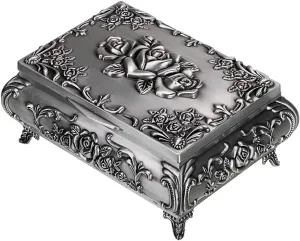 Hipiwe Vintage Metal Jewelry Box Small Trinket Jewelry Storage box For Rings Earrings Necklace Treasure Chest Organizer Antique jewelry Keepsake gift Box Case for Girl Women (Medium)