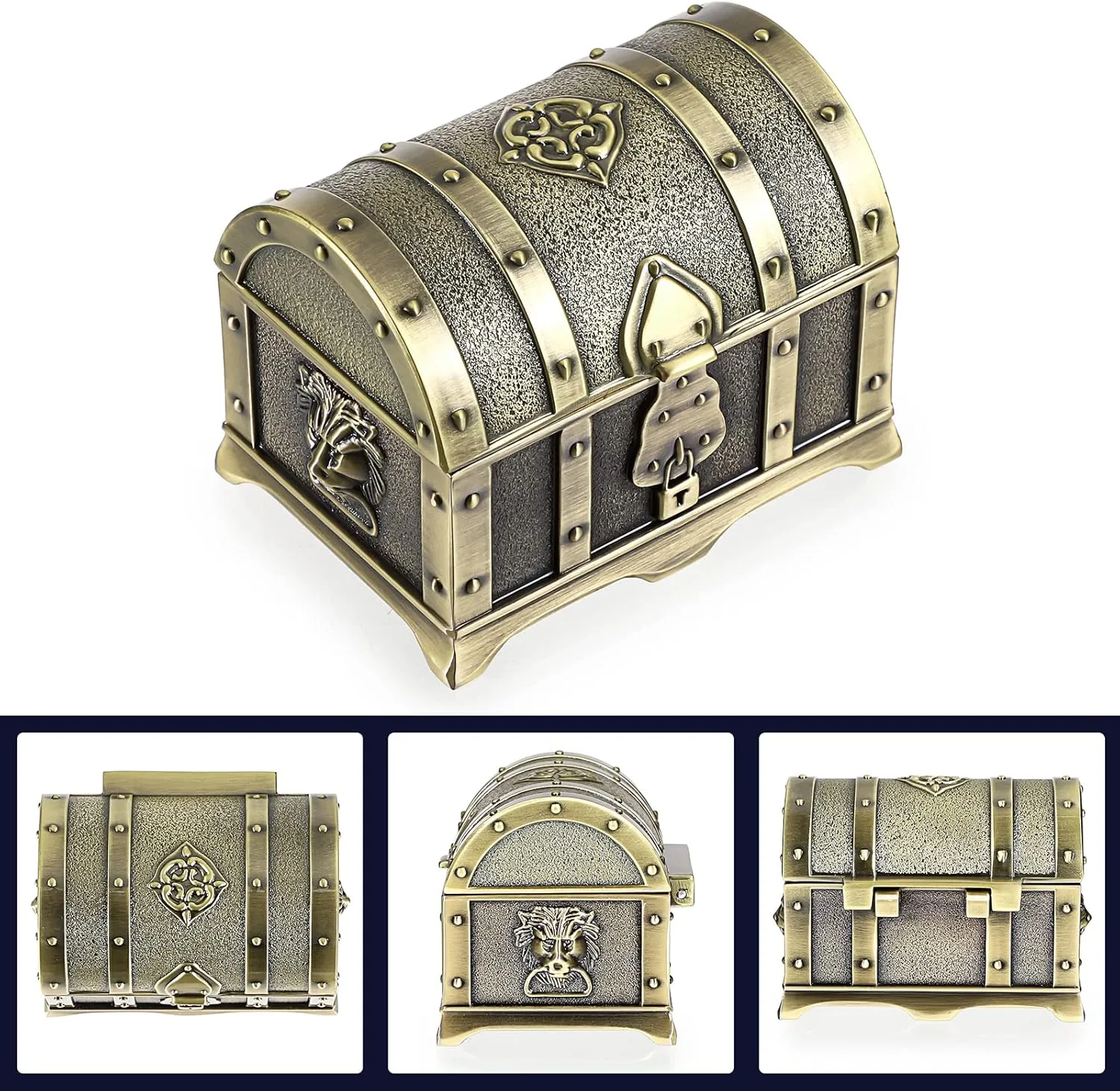 Hipiwe Vintage Metal Jewelry Box Treasure Trinket Chest,Smal Ring Earrings Necklace Keepsake Gift Holder Case for Girls Ladies Women (Bronze, Small)