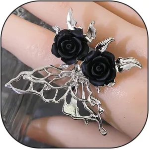 Hollow Silver Butterfly Black Flower Knuckle Rings for Women Gothic Asymmetrical Butterfly Rose Finger Rings Butterfly Wing Thumb Rings Jewelry