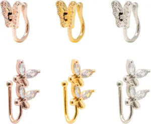 Honbay 6PCS Crystal Butterfly Nose Ring Cuff Rhinestones Non Piercing Fake Nose Rings Earrings U Shaped Clip on Nose Rings Ear Clips Copper Nose Ring Clip No Pierced Body Jewelry
