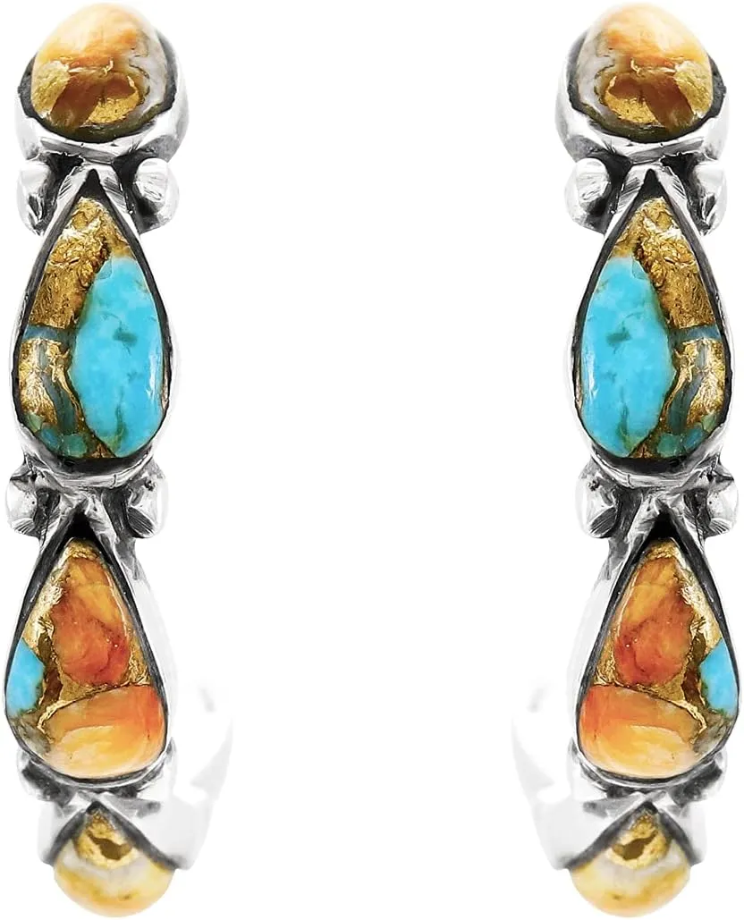 Hoop Turquoise Earrings Sterling Silver 925 Genuine Gemstones & Gemstones