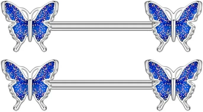 HQLA Opal Butterfly Nipple Rings 14G Nipple Piercing Jewelry Stainless Steel Nipple Tongue Ring Barbell Piercing Jewelry for Women 25/8"(16mm)