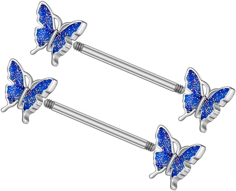 HQLA Opal Butterfly Nipple Rings 14G Nipple Piercing Jewelry Stainless Steel Nipple Tongue Ring Barbell Piercing Jewelry for Women 25/8"(16mm)