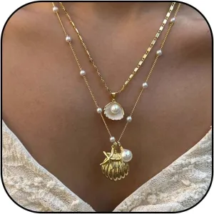 HUASAI Seashell Necklace Beach Jewelry for Women Starfish Shell Necklace Layered Boho Dainty Gold Necklaces Summer Jewelry Stuff Beach Accessories Country Concert Outfits for Women