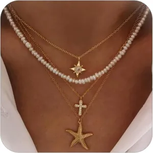 HUASAI Seashell Necklace Beach Jewelry for Women Starfish Shell Necklace Layered Boho Dainty Gold Necklaces Summer Jewelry Stuff Beach Accessories Country Concert Outfits for Women