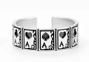 HUKQBUNX 925 Sterling Silver Stainless Steel Men's and Women's General Good Luck Casino Playing Cards Black Spade a Ring with Adjustable Opening