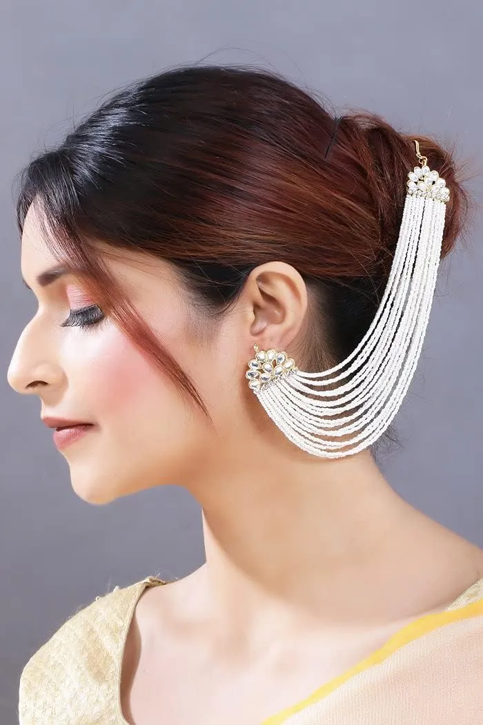 I Jewels Gold Plated Indian Wedding Bollywood Multi Strand Ear Chain With Pearl For Women (E2882)