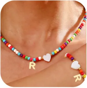 Initial Necklace Bracelet Set for Women - Colorful Beaded Jewelry, Gold Letter Initial A-Z Necklace Friendship Bracelets Gifts for Women Teen Girls