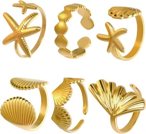 Jansun 6 PCS Gold Seashell Rings for Women 18k Gold Plated Seashell Ginkgo Starfish Surf Stackable Dainty Rings, Beachy Summer Jewelry Gift