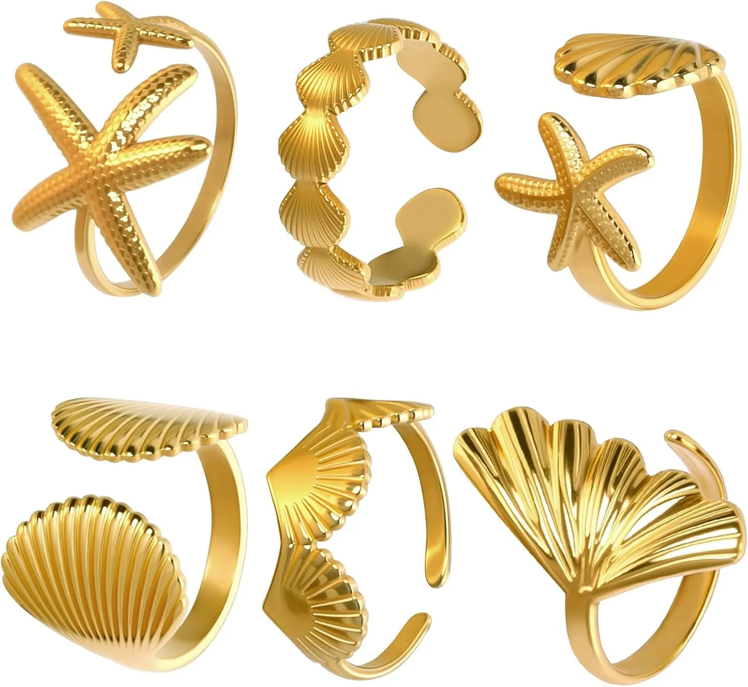 Jansun 6 PCS Gold Seashell Rings for Women 18k Gold Plated Seashell Ginkgo Starfish Surf Stackable Dainty Rings, Beachy Summer Jewelry Gift