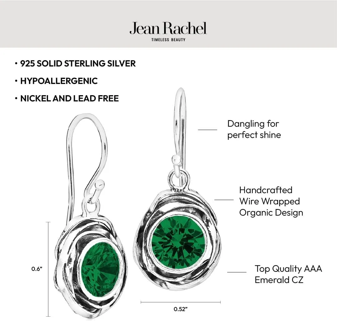 JEAN RACHEL JEWELRY 925 Sterling Silver Dangle Earrings for Women - Wire Wrap with Bezel Set Cubic Zirconia Vintage Design - Hypoallergenic, Lead & Nickel Free - Artisan Handcrafted Statement Earrings