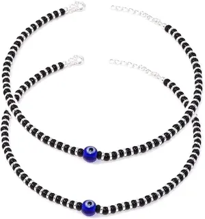 JewarHaat CZ Ad Gold Plated Indian Anklets for Women (Nazar Anklet-Silver and Black)