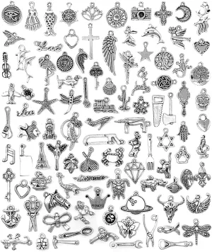JIALEEY 100 PCS Wholesale Bulk Lots Jewelry Making Charms Mixed Smooth Tibetan Silver Metal Charms Pendants DIY for Necklace Bracelet Jewelry Making and Crafting