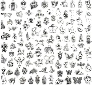 JIALEEY Wholesale 100 PCS Mixed No Repeated Silver Pewter Smooth Metal Charms Pendants DIY for Necklace Bracelet Dangle Jewelry Making and Crafting, Animal Charms