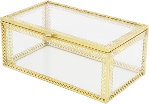 JIARI Rectangle Glass Jewelry Box with Gold Frame, 5.5 x 3.1 x 2.3 inches, Ring Earring Organizer Display Case