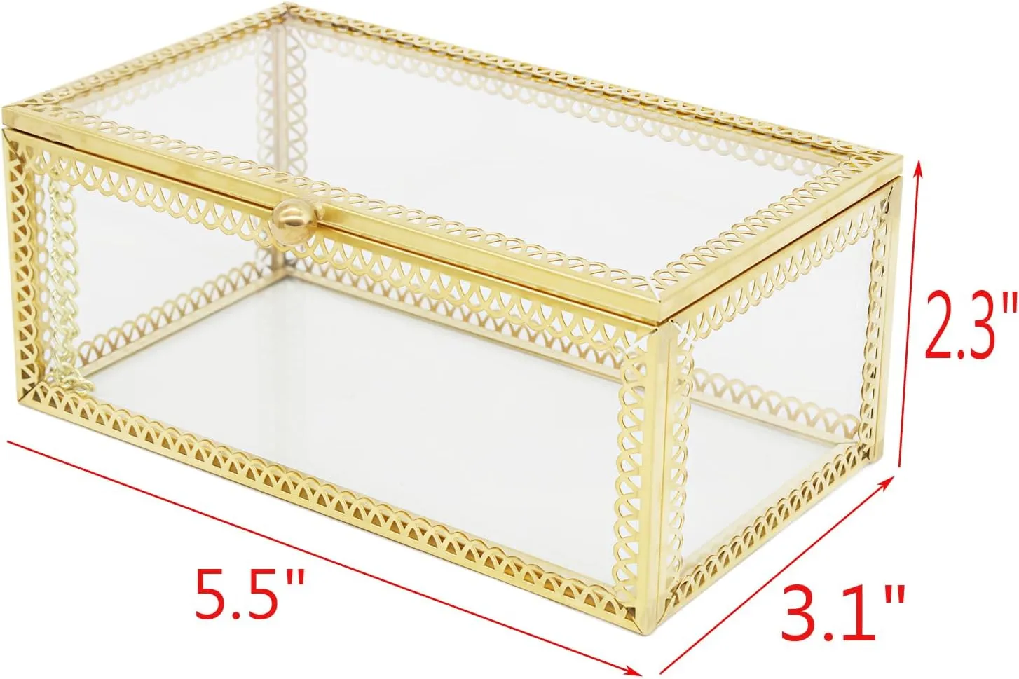 JIARI Rectangle Glass Jewelry Box with Gold Frame, 5.5 x 3.1 x 2.3 inches, Ring Earring Organizer Display Case