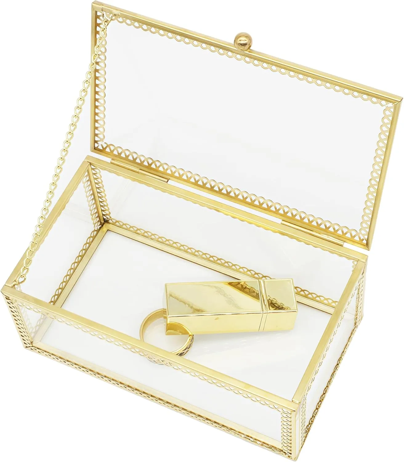 JIARI Rectangle Glass Jewelry Box with Gold Frame, 5.5 x 3.1 x 2.3 inches, Ring Earring Organizer Display Case
