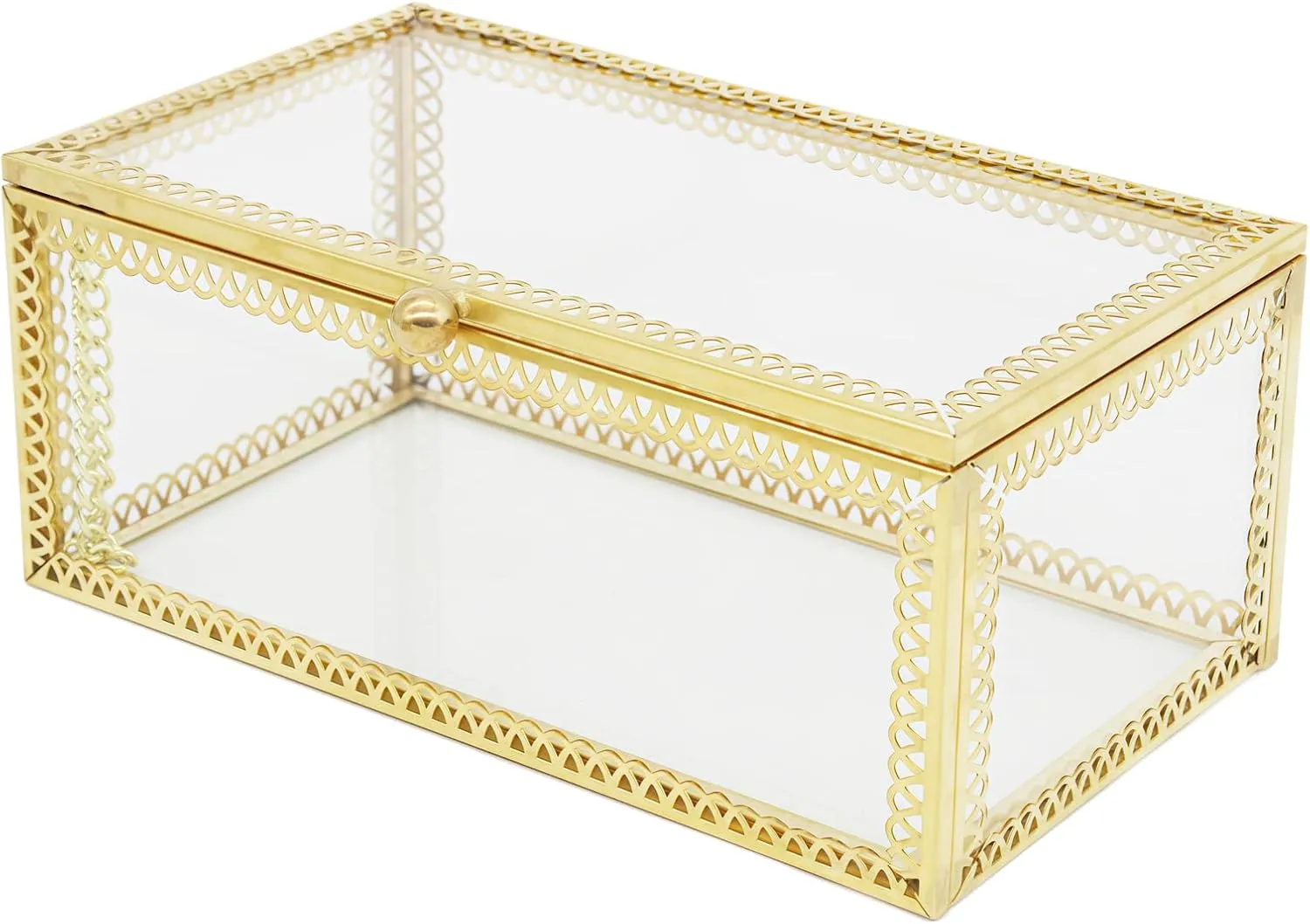 JIARI Rectangle Glass Jewelry Box with Gold Frame, 5.5 x 3.1 x 2.3 inches, Ring Earring Organizer Display Case