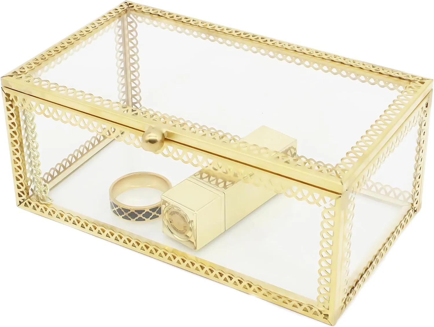 JIARI Rectangle Glass Jewelry Box with Gold Frame, 5.5 x 3.1 x 2.3 inches, Ring Earring Organizer Display Case