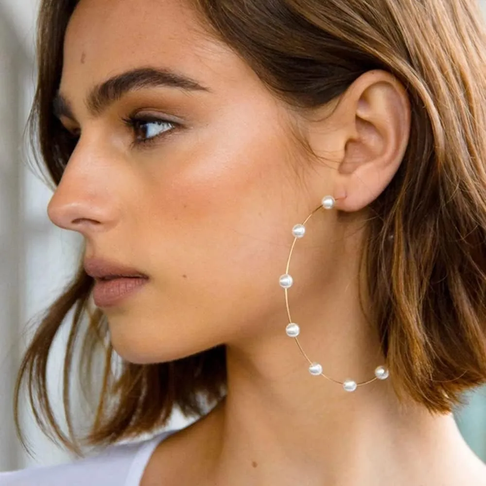 Jumbo Huge Hoops Large Pearls Thin Gold Silver Dangle Lightweight Fashion Chic Jewelry Gift for Women