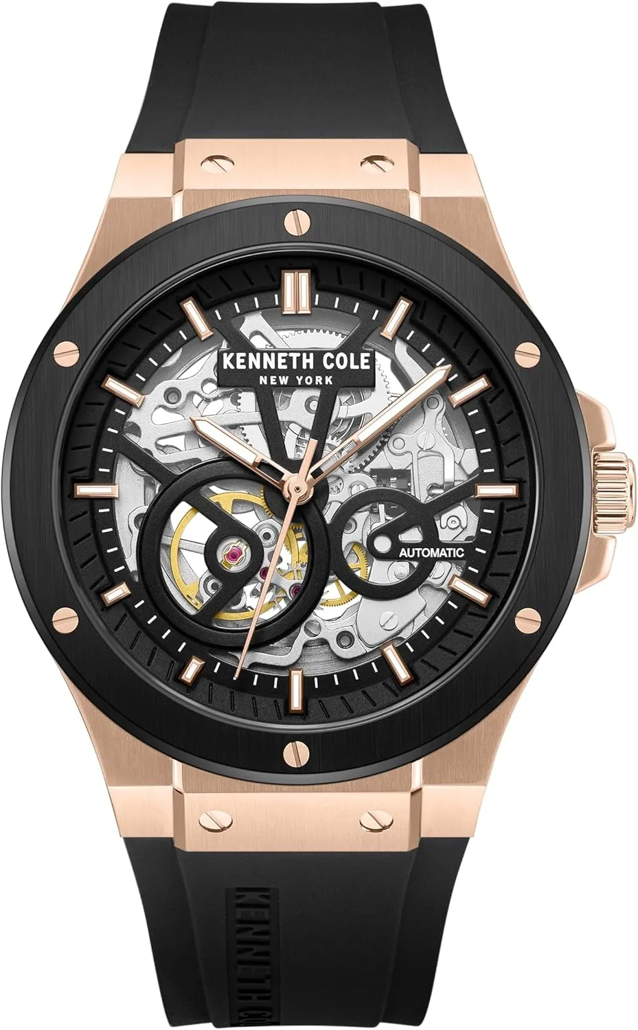 Kenneth Cole New York Men's Automatic Watch - Skeleton Dial, Two-Tone Black and Rose Gold Case, Black Silicone Strap, 43mm Case Design