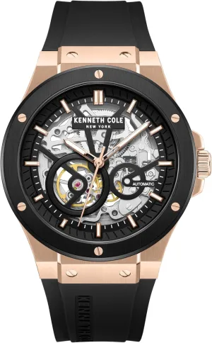 Kenneth Cole New York Men's Automatic Watch - Skeleton Dial, Two-Tone Black and Rose Gold Case, Black Silicone Strap, 43mm Case Design
