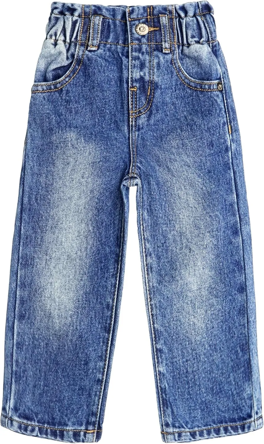 KIDSCOOL SPACE Baby Girls Boys Jeans, 12M-5T Little Kids Ribbed Waist with D-Rings Denim Pants