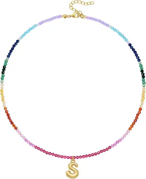 KissYan Beaded Initial Necklace for Women, 14K Gold Plated Bubble Letter Pendant Rainbow Gemstone Choker Colorful Summer Beach Jewelry
