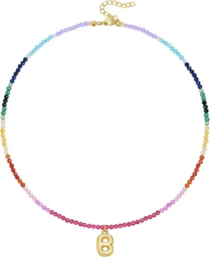 KissYan Beaded Initial Necklace for Women, 14K Gold Plated Bubble Letter Pendant Rainbow Gemstone Choker Colorful Summer Beach Jewelry