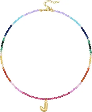 KissYan Beaded Initial Necklace for Women, 14K Gold Plated Bubble Letter Pendant Rainbow Gemstone Choker Colorful Summer Beach Jewelry