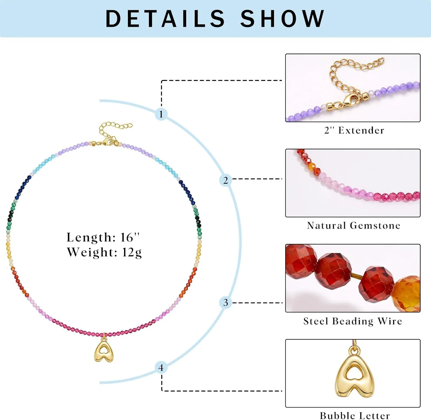 KissYan Beaded Initial Necklace for Women, 14K Gold Plated Bubble Letter Pendant Rainbow Gemstone Choker Colorful Summer Beach Jewelry