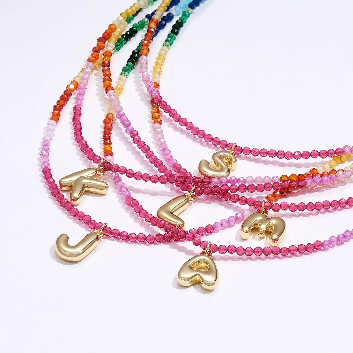 KissYan Beaded Initial Necklace for Women, 14K Gold Plated Bubble Letter Pendant Rainbow Gemstone Choker Colorful Summer Beach Jewelry