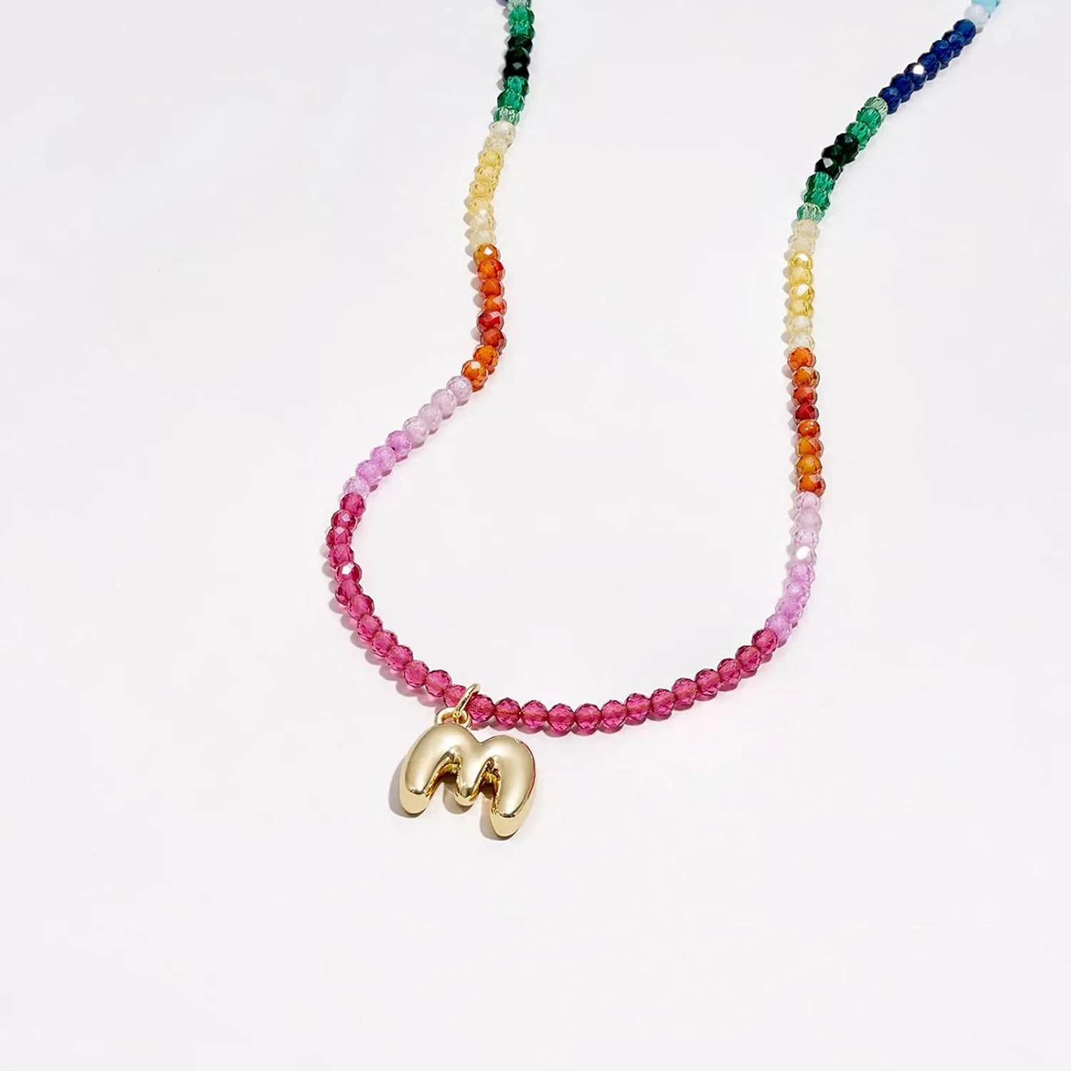 KissYan Beaded Initial Necklace for Women, 14K Gold Plated Bubble Letter Pendant Rainbow Gemstone Choker Colorful Summer Beach Jewelry