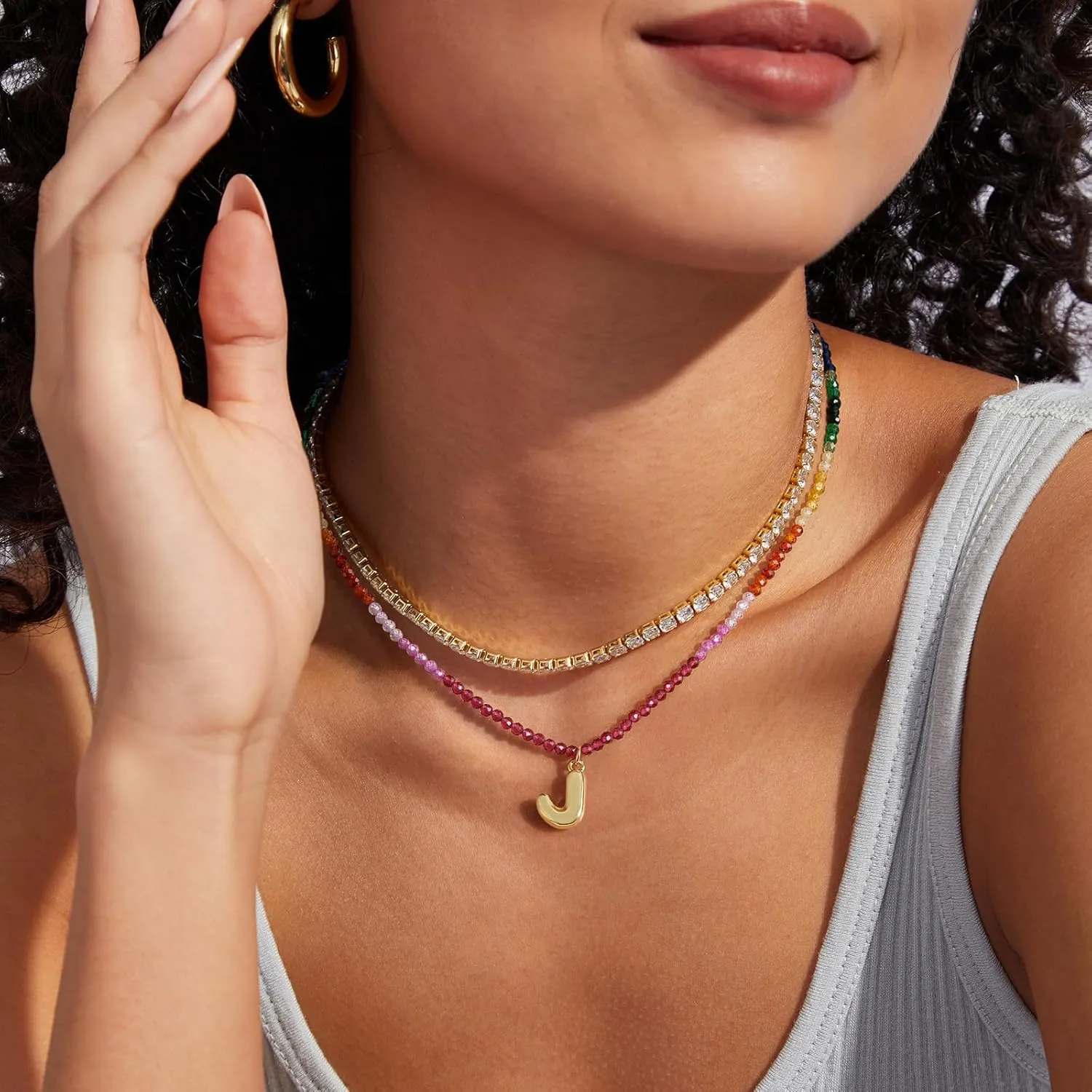 KissYan Beaded Initial Necklace for Women, 14K Gold Plated Bubble Letter Pendant Rainbow Gemstone Choker Colorful Summer Beach Jewelry