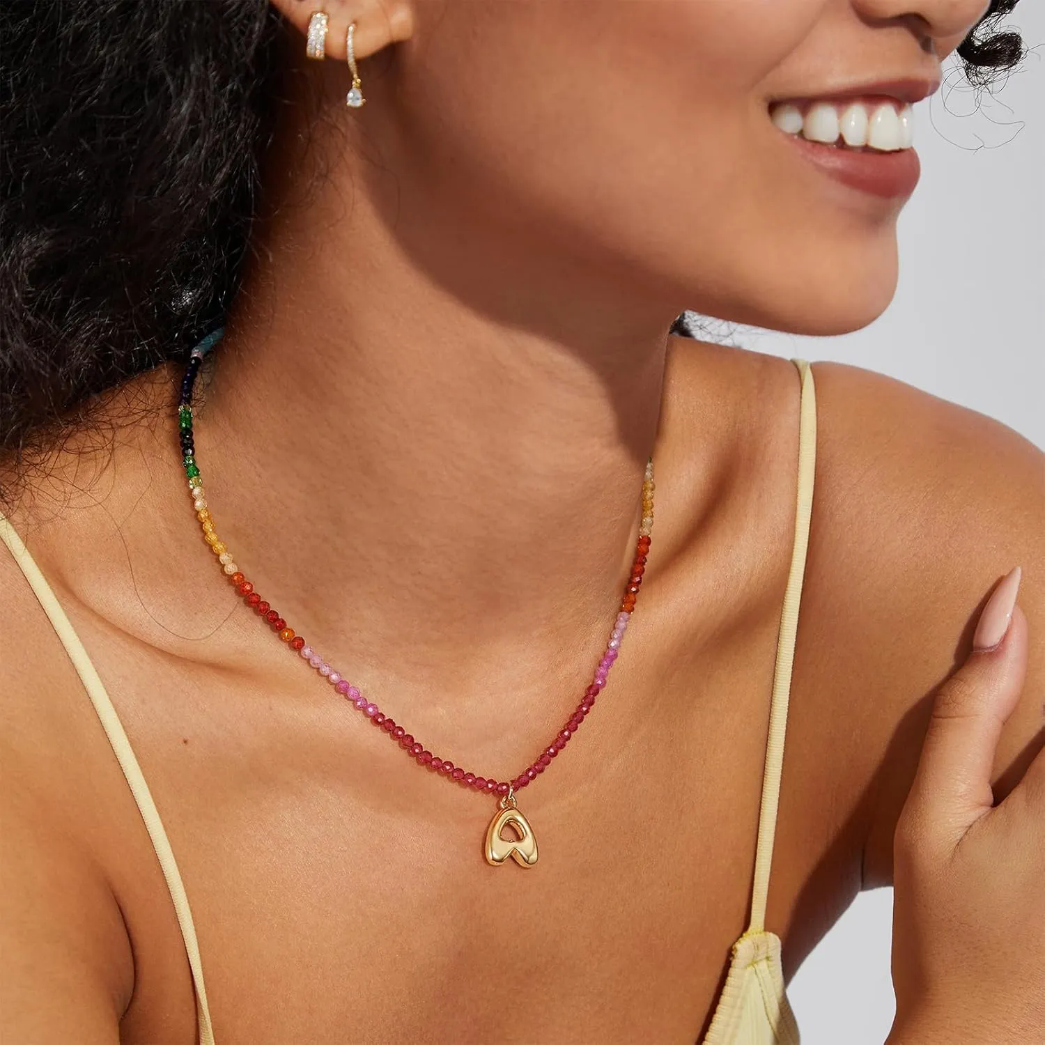 KissYan Beaded Initial Necklace for Women, 14K Gold Plated Bubble Letter Pendant Rainbow Gemstone Choker Colorful Summer Beach Jewelry