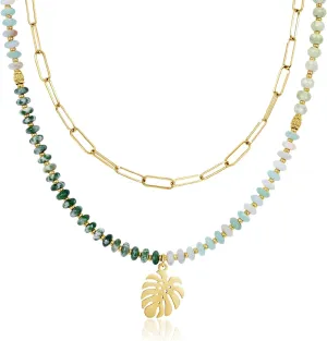 KissYan Beaded Necklaces for Women, 14k Gold Plated Layered Pendant Necklace with Link Chain, Boho Natural Gemstone Choker Summer Beach Jewelry