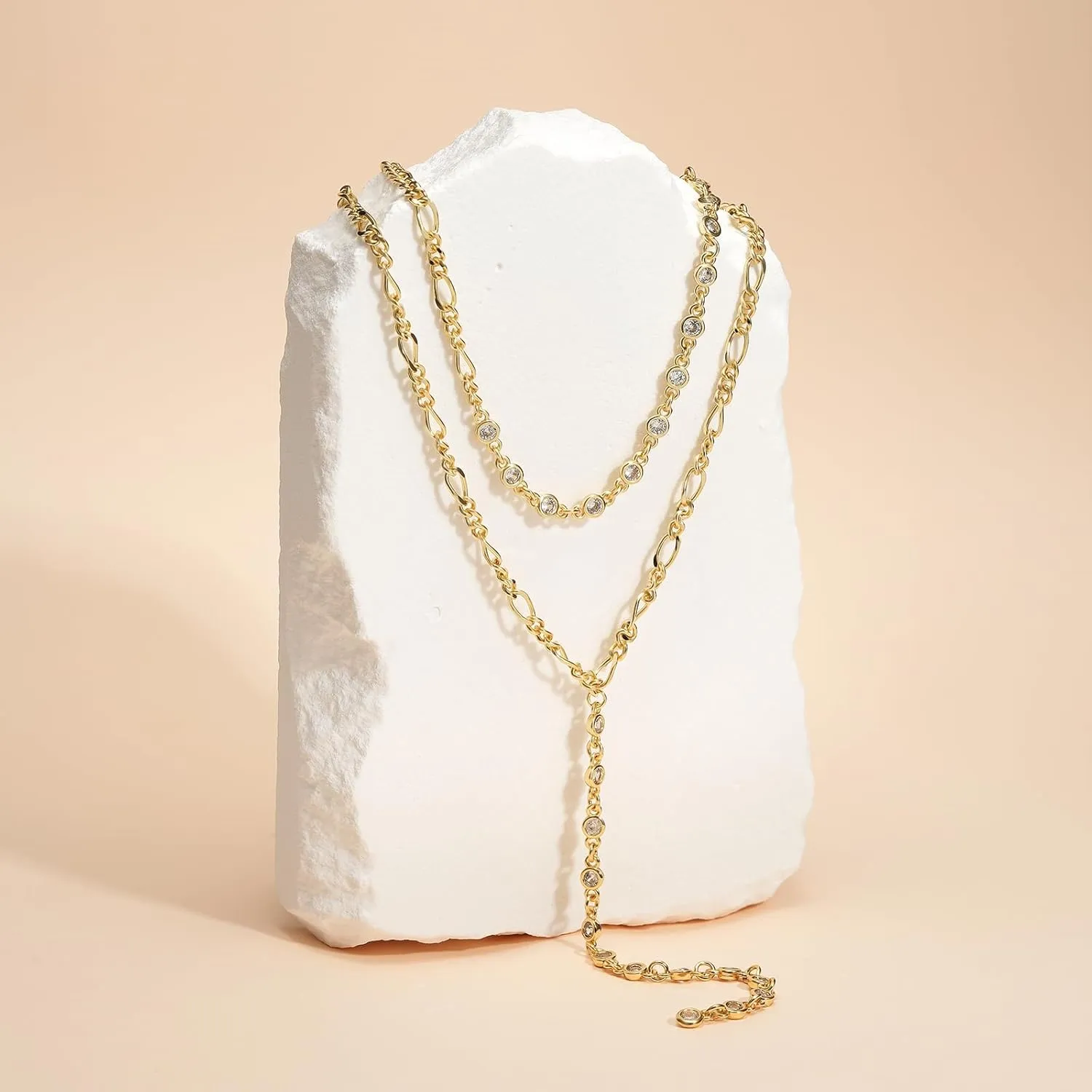 KissYan Gold Lariat Necklace for Women, Dainty 14K Gold Plated Y Shaped Cuban Chain Layered Long CZ Drop Pendant Choker Necklaces Fashion Jewelry Gifts