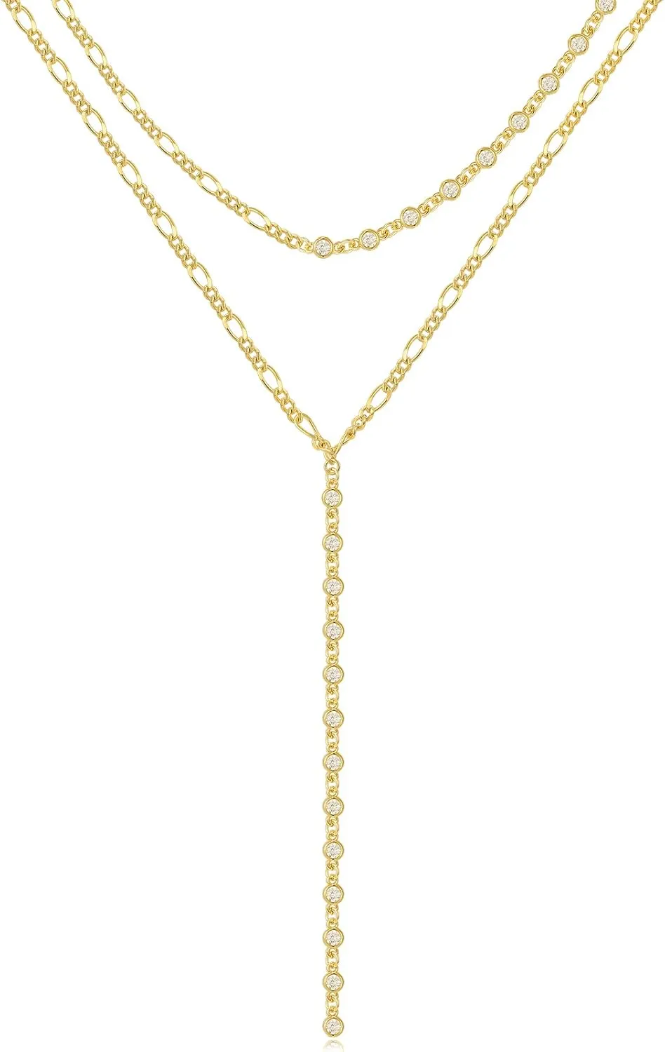 KissYan Gold Lariat Necklace for Women, Dainty 14K Gold Plated Y Shaped Cuban Chain Layered Long CZ Drop Pendant Choker Necklaces Fashion Jewelry Gifts