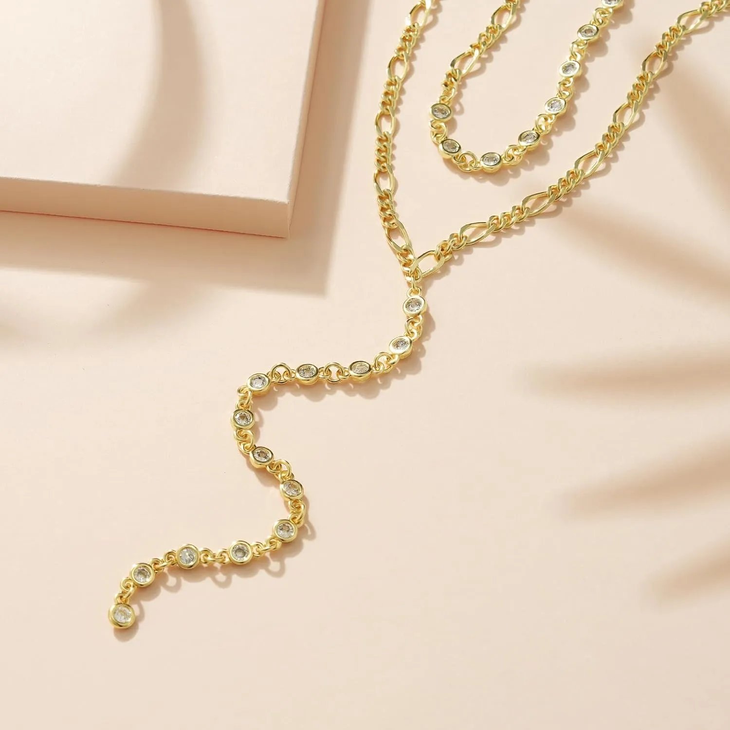 KissYan Gold Lariat Necklace for Women, Dainty 14K Gold Plated Y Shaped Cuban Chain Layered Long CZ Drop Pendant Choker Necklaces Fashion Jewelry Gifts